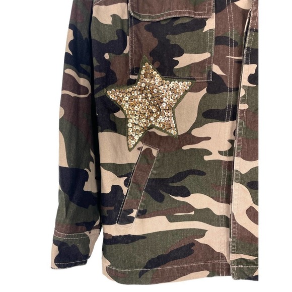 Ellison Glam Fighter Camo Jacket Medium Sequin Stars Military Style - Picture 3 of 12